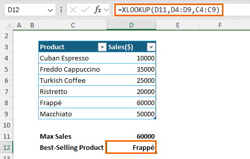 using XLOOKUP to find best
sellign coffee