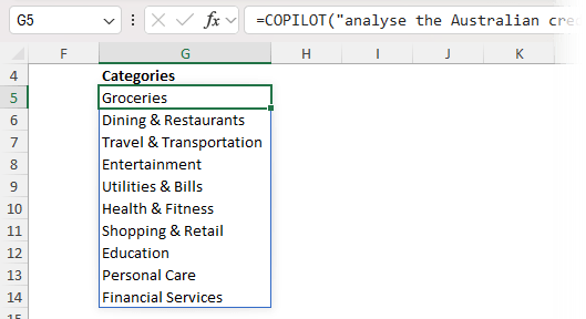 Categories for data proposed by COPILOT Function