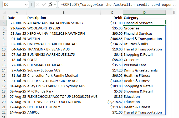 Categories applied to sample data
