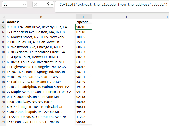 ZIP codes extracted from sample data