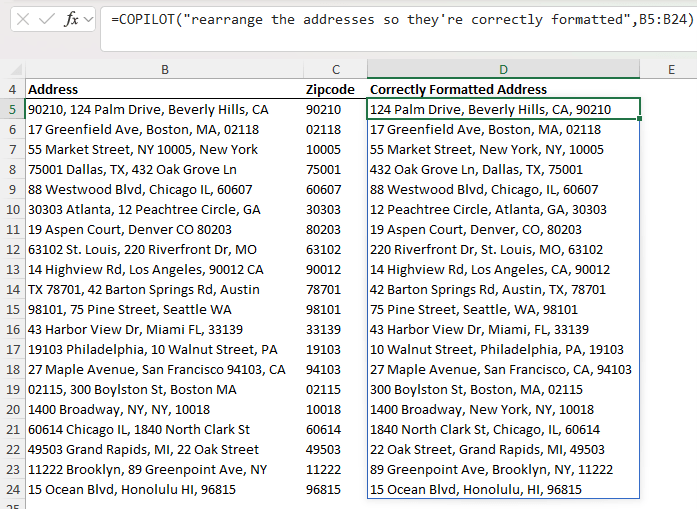 Sample addresses organized into standard format