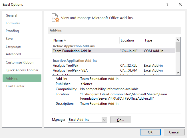 Excel options, add-ins