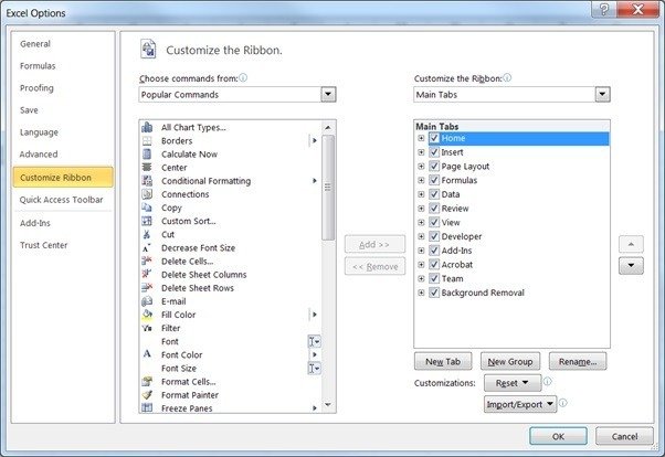 Excel Options for the Ribbon