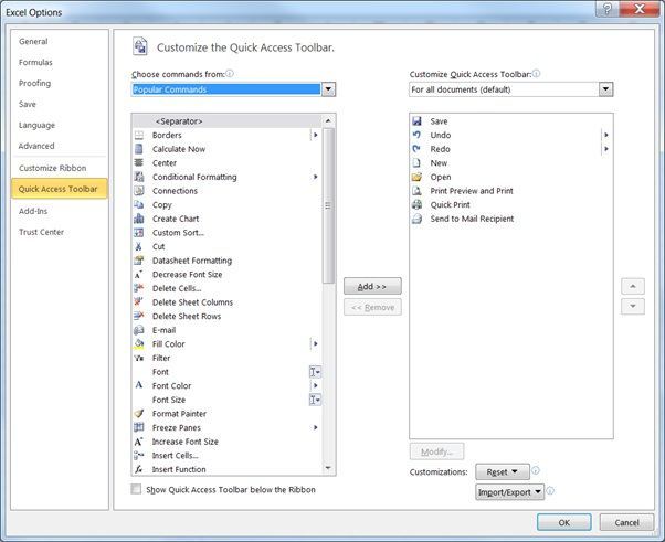 Quick Access Toolbar Excel Options