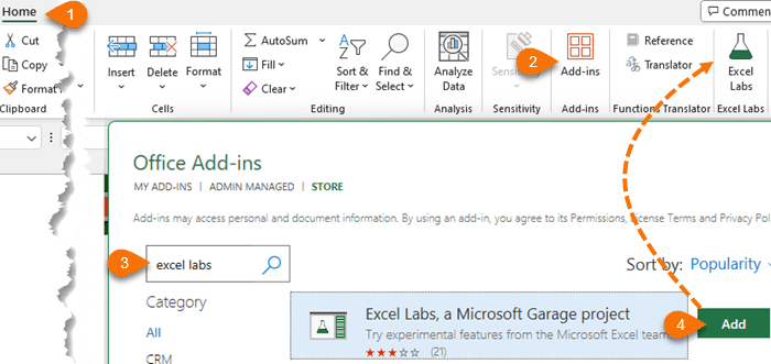 Add Excel Labs add-in from Ribbon