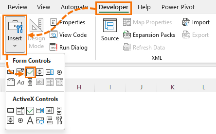 find check boxes on Excel Developer tab