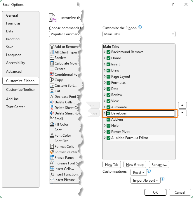 Customize Excel ribbon to show Developer tab