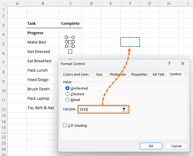 select cell to assign status to check box in cell link field