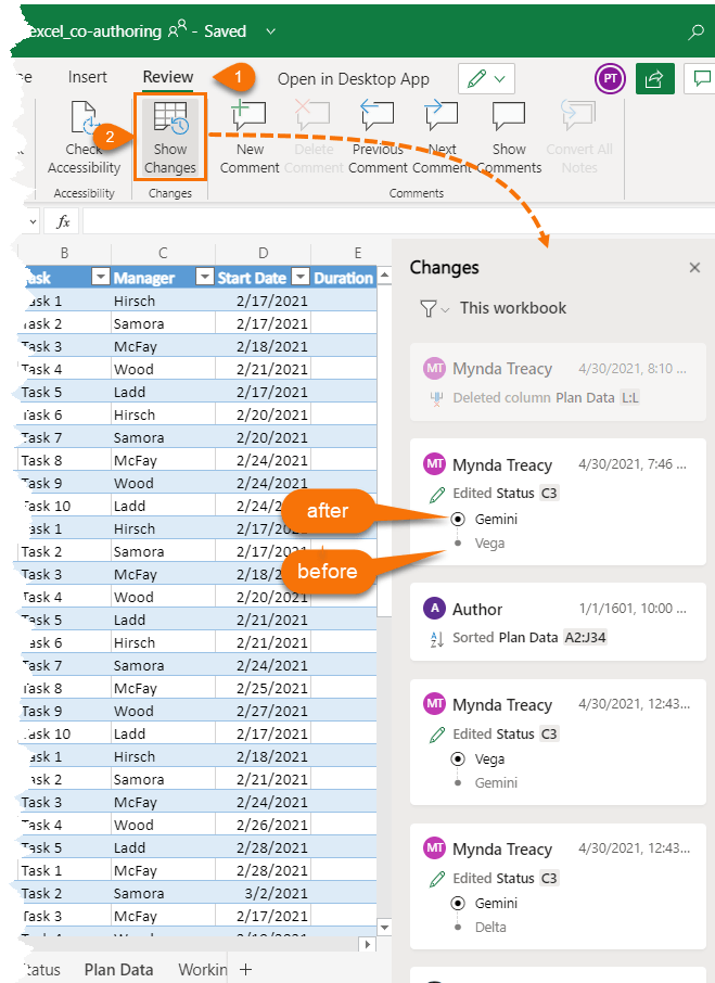 Excel track and show changes