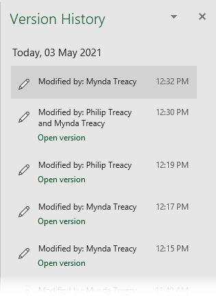 Excel version history pane