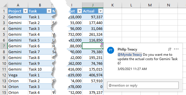 At mention co-workers in Excel