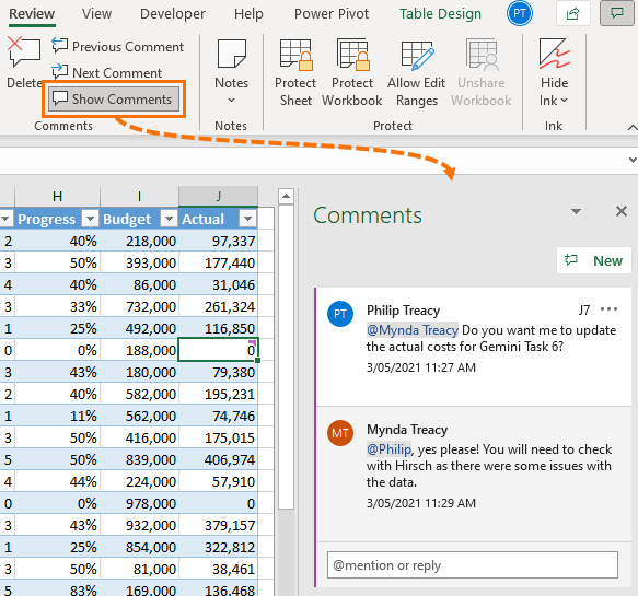 show comments in Excel