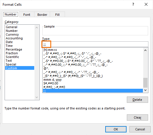 custom number format to hide numbers in cells