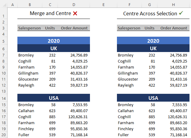 Excel merge and center