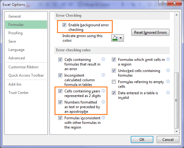 how to turn on Excel error checking