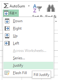 Excel Fill Justify text menu