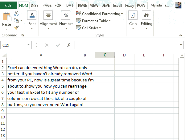 right justify text excel