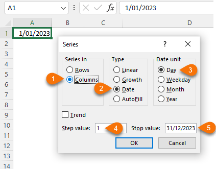 Excel fill series dialog box