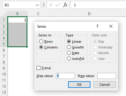 Excel fill series dialog box
