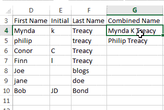 excel flash fill to join names and correct formatting