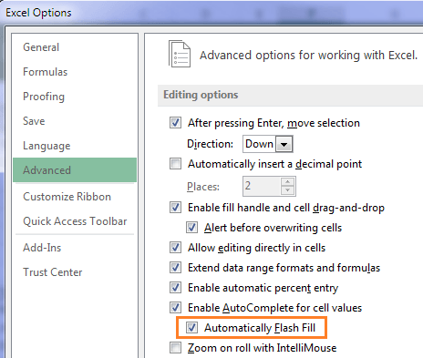 turn on Excel Flash Fill