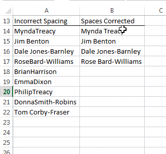 correct spacing in list of names with excel flash fill