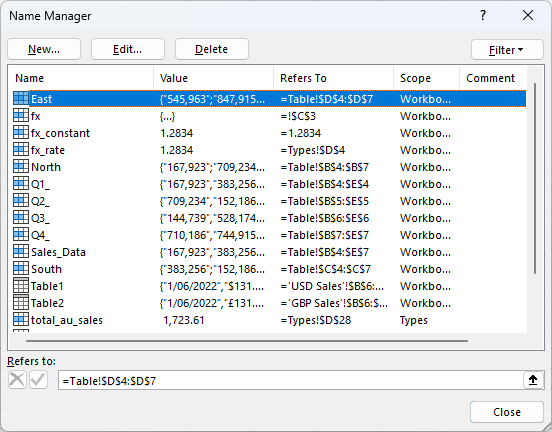 Excel Name manager showing Defined Names
