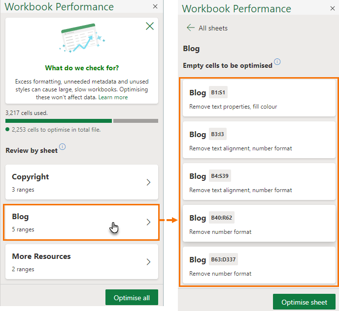 Excel workbook performance pane showing issues