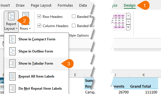Select tabular form for Pivottable