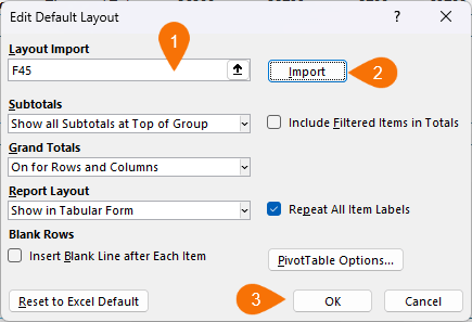 Import default layout for PivotTable
