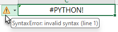 Python in Excel error on hover