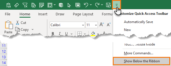 Excel Quick Access Toolbar drop down menu