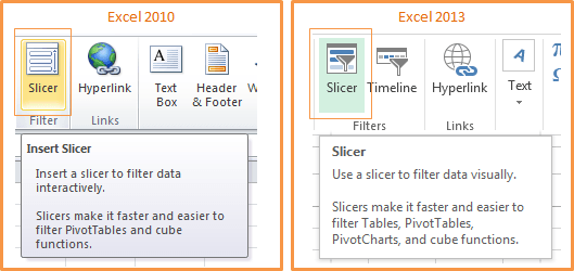 Inserting an Excel Slicer in Excel 2010 and 2013