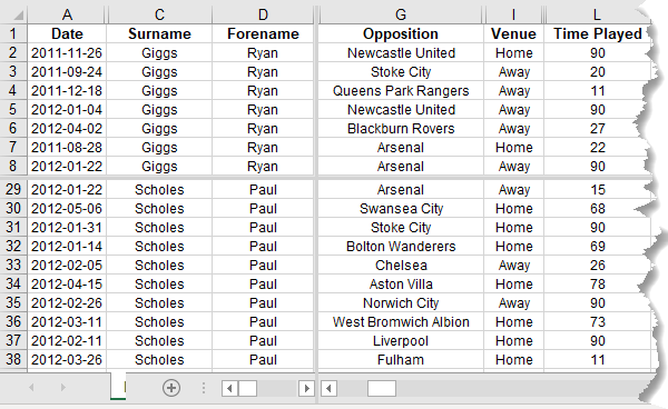 Excel split panes