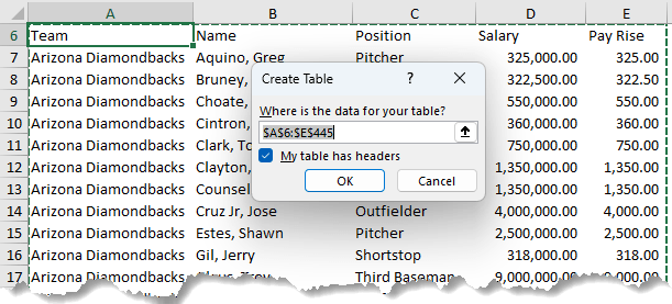 Create Excel table
