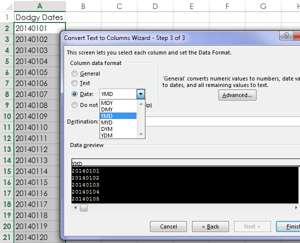 Excel text to columns wizard to fix dates formatted as text