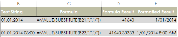 fix dates formatted as text with VALUE and SUBSTITUTE functions