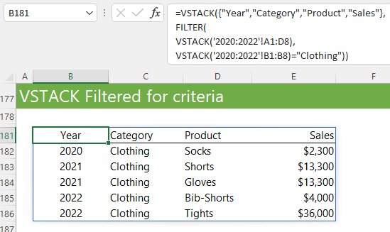 Excel VSTACK filtered for criteria