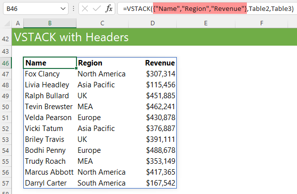 Excel VSTACK with headers
