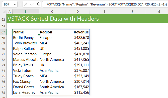 Excel VSTACK sorted data with headers