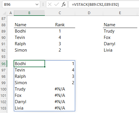 Excel VSTACK errors