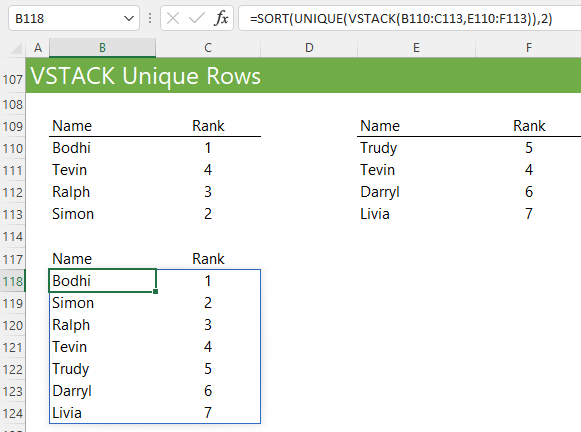 Excel VSTACK unique rows