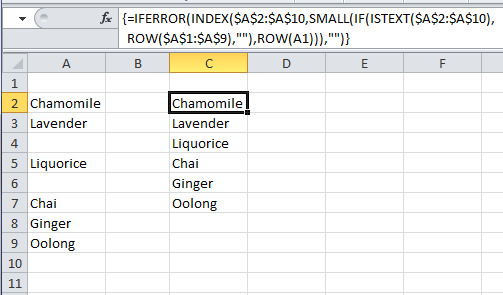 Excel remove blank cells from list