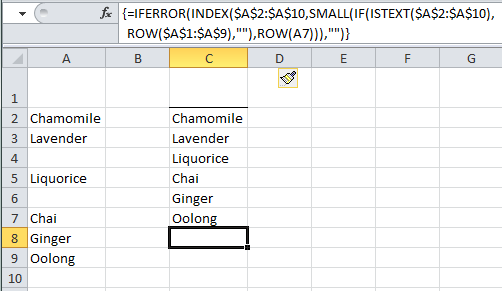 Excel remove blank cells from list