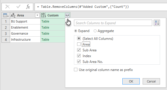 expand the tables in the Custom column