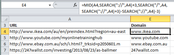 Extract domain from URL example using Excel Formulas