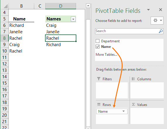 extract unique list with PivotTables