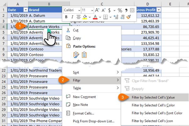 filter by cell value 1