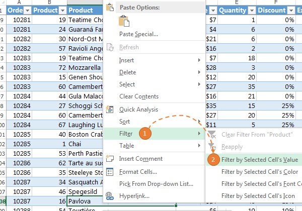 Excel Filter values