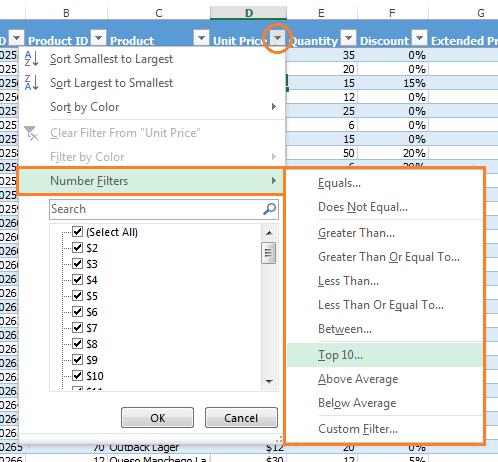 Excel Number Filters